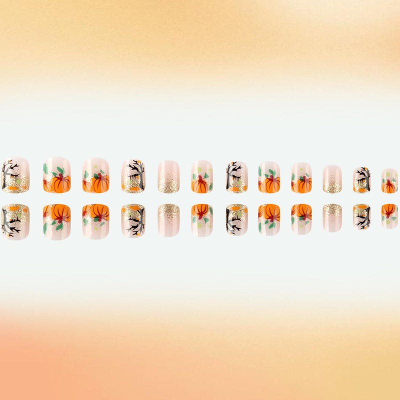 CJDLTS Thanksgiving Press on Nails Short Square Fall False Nail Pumpkin Glitter Sequins Pattern Acrylic Fingernails Full Cover Glossy Festival Stick on Nail Press Ons Reusable Autumn Glue on Nails for Women - Image 4